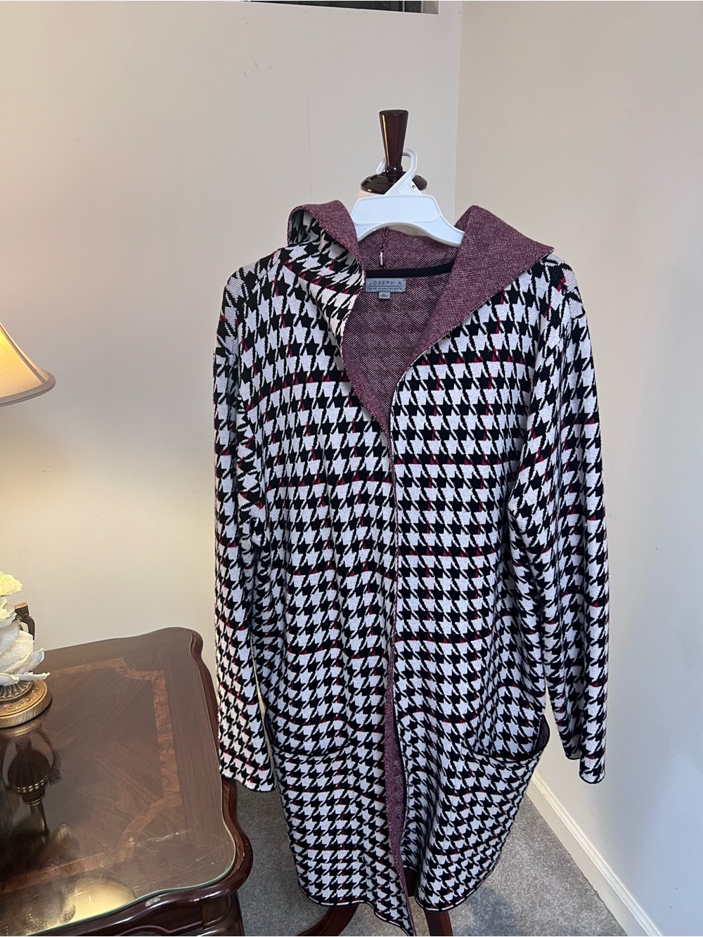 Joseph A Oversized Houndstooth Hooded Cardigan /. Sweater Jacket XL